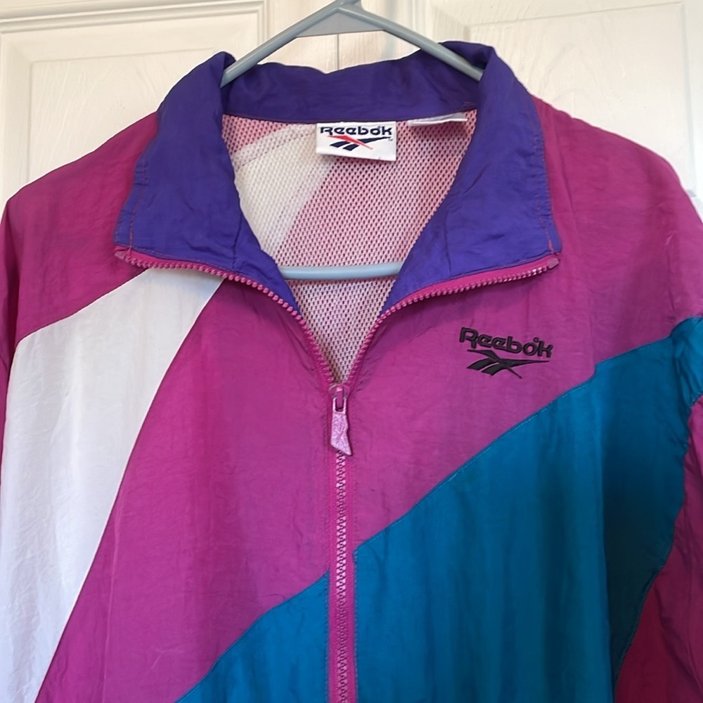 VTG Reebok Windbreaker Jacket Women’s Large Fuchsia Teal Purple White full zip